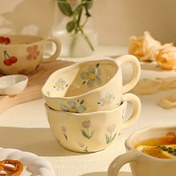 Resim 1 adet 8.5 oz Süt Sarısı El Yapımı Düzensiz Kupa, Lale Seramik Kupası, Kahve Fincanı, Matcha Çay Fincanı, Yulaf Ezmesi Fincanı, Küçük Çiçekli Kahvaltı Fincanı, Doğum Günleri, Noel, Cadılar Bayramı, Paskalya, Gençler Günü, Ev, Ofis veya Kafe Kullanımı için Hediye, Yeniden Kullanılabilir 
