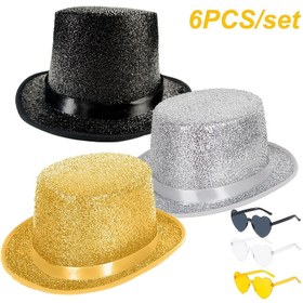 Resim Yeni Parıltılı Kowboy Şapkası 6 Parça Set - Renkli Lincoln Kowboy Şapkaları + Kalp Gözlükleri, Sahne Kostüm Şapkaları, Erkekler ve Kadınlar için Unisex Parti Kowboy Şapkaları 