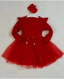 Resim Retro Women Kız Çocuk Kırmızı Pamuklu Tül Uzun Kol Özel Gün Doğum Günü Abiye Günlük Prenses Elbise Kırmızı 