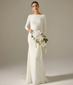 Resim Ela Saten Sade Düz Kesim Nikah Gelinlik - Fildişi Beyaz / 34 