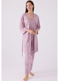 Resim Pierre Cardin Kadın Sabahlıklı Uzun Kol İp Askılı Dantelli 3'lü Pijama Takım Gül 