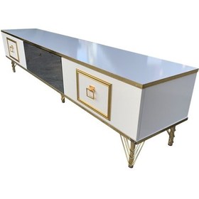 Resim Evimeaksesuar Şömineli Tv Sehpası Özel Yapım Beyaz-Gold 208 Cm 