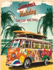 Resim Summer Holiday Retro Ahşap Tablo - Hippi Minibüs Ve Sahil Tatili Temalı Tasarım 