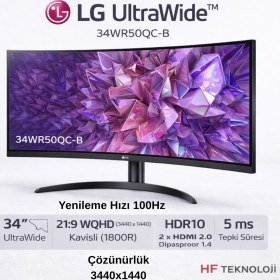 Resim Lg Ultrawide 34" 5 Ms Wqhd Curved 100 Hz Monitör+ Dısplay Port Kablo Hediye 
