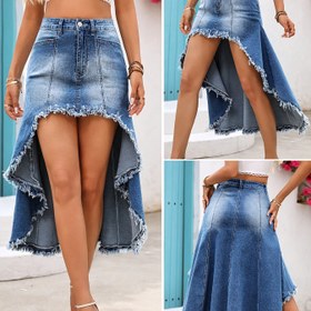 Resim Kadınlar İçin Şık Asimetrik Püskül Etekli Orta Boy Denim Etek - İlkbahar Yaz Sonbahar için Esnek ve Günlükten Şık Mavi Renk, Makinede Yıkanabilir 