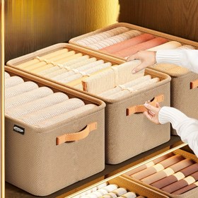 Resim Modern Khaki Kumaş Depolama Sepeti - Çelik Çerçeve ile Yığınlanabilir, Alan Tasarrufu Sağlayan Giysi, Pantolon ve Oyuncaklar için Organizatör - Ev ve Yurt Odası Giyim Organizasyonu için Mükemmel | Dayanıklı Yapı, Raf Sepeti, Raf Sepetleri 