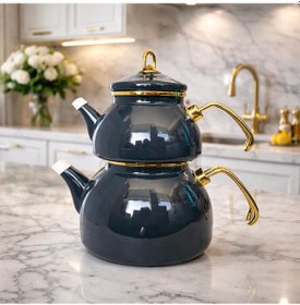 Resim Emaye Çaydanlık Takımı 2,3 L Suluk + 1,1 L Demlik Gold Detaylı Füme 