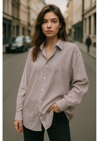 Resim Rich Kadın Bordo Çizgili Beyaz Oversize Gömlek Over Fit Relaxed Gömlek Çok Renkli 