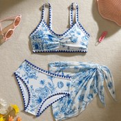 Resim Kızlar için Mavi Gül Baskılı Yelpaze Dantel El İşi Yırtmaçlı Bikini + File Kısa Etek Üç Parça Takım + Plaj Tatili 