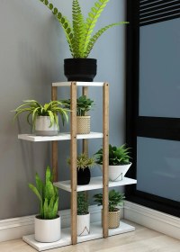 Resim Beyaz 4 Katlı Ahşap Çiçeklik, Saksılık, Çiçek Standı, Dekoratif Raf - Çok Amaçlı Kullanım Beyaz 