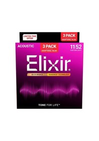 Resim Elixir Nanoweb Bronz 3 Lü Paket Akustik Gitar Teli 11-52 