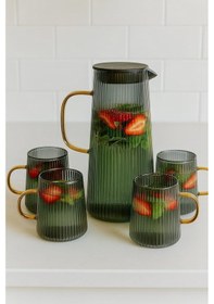 Resim Qerhome Borosilikat Cam Gold Saplı Siyah Detoks Sürahi 1300 Ml 4 Bardaklı Mtr 
