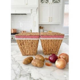Resim Beyaz Atölye 2li Kırmızı Iç Korumalı Hasır Kapaklı Çok Amaçlı Patates ve Soğan Sepeti 