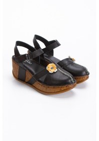 Resim İç Dış Hakiki Deri Dolgu Taban Önü Kapalı Kadın Sandalet Siyah 