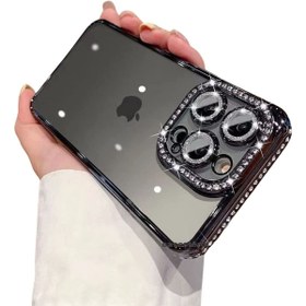 Resim Iphone 14 Pro Uyumlu Kılıf Kamera Korumalı Kenarı Ve Lensi Parlak Swarovski Taşlı Şeffaf Silikon 