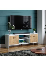 Resim Tv Sehpası Kapaklı Raflı Tv Ünitesi Televizyon Sehpası Beyaz- Çam 