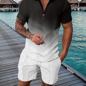 Resim Erkekler için Şık 3D Dijital Baskılı Fermuarlı Gömlek ve Şort Takımı - Beyaz ve Gri Gradyan, Yaka ile Rahat Yaz Kıyafeti, Fermuarlı Kapatma, Polyester Kumaş, Rahat Kıyafet|Gradyan Tasarım|Zipli Gömlek 
