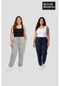 Resim Süperlife Kadın Büyük Beden İkili Jogger Paça Lastikli İnce Eşofman Altı Seti Spr26bea951+2 Navy-grey Mel 