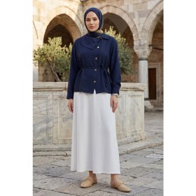 Resim Modestim Kadın Lacivert Yaka Düğme Detaylı Belden Bağlamalı Şık ve Modern Tesettür Gömlek Tunik Yazlık 