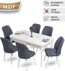 Resim Canisa Mun Serisi 80x132 Açılabilir Mdf Beyaz Mermer Desen Masa Takımı Ve 6 Füme Sandalye 