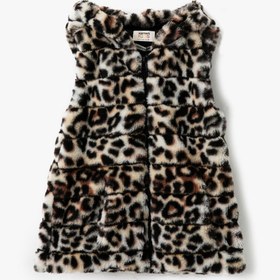 Resim Kız Çocuk Leopar Desenli Peluş Kapüşonlu Yelek 