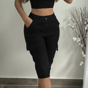 Resim Kadınların Yüksek Bel Kargo Capri Pantolonları, Çoklu Cep ile - Esnek, Düz Siyah, Rahat ve Tasarımı ile, Bisiklet, ve Günlük Giyim için, Pantolon, Şık Bel Bandı, Rahat Uygunluk 