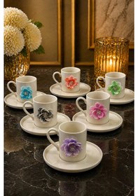Resim 6 Kişilik Beyaz Porselen Renkli Lotus Lüks Kahve Fincan Takımı Seti 100ml 