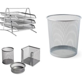 Resim GENC DIJITAL BASKI Ofis Set (gri) 3 Lü Evrak Rafı+3 Lü Masa Set Ve 10 Lt Çöp Kovası 