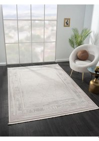Resim Truva Tv013a Bej Halı Geometrik Desen Kenar Çerçeveli Kalın Akrilik Tozuaz Modern Salon Halısı-234 Krem - Vizon 