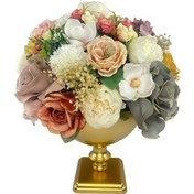 Resim Yapay Çiçek Aranjmanı Büyük Boy Pudra Tonlar Gold Metal Vazolu Arajman Nişan Kız İsteme Çiçeği 