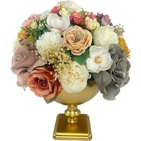 Resim Yapay Çiçek Aranjmanı Büyük Boy Pudra Tonlar Gold Metal Vazolu Arajman Nişan Kız İsteme Çiçeği 