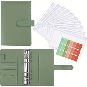 Resim Zımbalı Zarflarla A6 Bütçe Planlayıcı Cilt - Ev, Ofis ve Seyahat için Yeşil PVC Para Tasarrufu Düzenleyici, Etkili Finansal Planlama için Nakit Etiketleri ve Dolgu Zarfları İçerir 