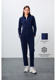 Resim Tommy Life Lacivert Kalın Yumuşak Dokulu Dik Yaka Oversize Nakışlı Polar Kadın Eşofman Takım -95339 Lacivert 
