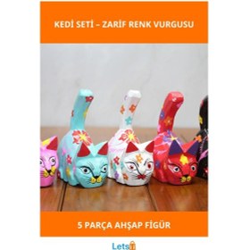 Resim El Boyaması Ahşap 5'li Kedi Figürü Takımı 1 Adet 