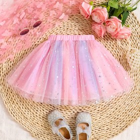 Resim Kızlar için Işıltılı Yıldız Baskılı File Prenses Etek - Tatlı Tarz, Makinede Yıkanabilir, Parti, Yaz Kıyafetleri ve Gençlerin Modası için Elastik Bel Bandıyla Pembe ve Mor Gradyan Tül Tutu, Kızlar için Prenses Elbiseleri 