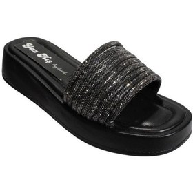 Resim Yazkış Kadın Siyah Üzeri Taşlı 4cm Kalın Taban Terlik 001 