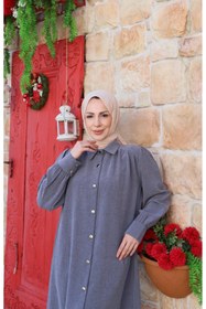 Resim HNT Hayrunnisa Tesettür Uzun Düğmeli Tunik Koyu Gri HNT8533 