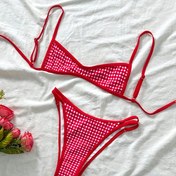 Resim Kadınlar için 2 Parça Moda Ekose Renk Bloklu Büzgülü Etekli Tatlı Bikini Üstü Düşük Bel Üçgen Mayo Plajlık Yaz Trend Seksi Tatil Yüzme Takımı 