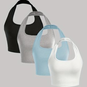 Resim 4 Parça Kadınlar İçin Basit Askılı Yazlık Spor Crop Üst Seti, Slim Fit Kısa Kollu Tank Top 