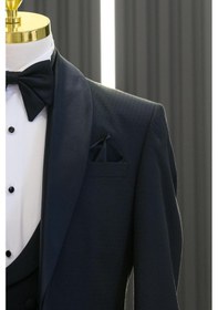 Resim Slimfit Armürlü Şal Yaka Yelekli Papyonlu Smokin Takım Elbise 001 