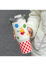 Resim Gateesat Yeşil Turuncu Kedi Desenli 30.43oz Çift İzolasyonlu Seyahat Bardağı Pipetli 