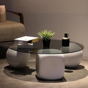 Resim Modern Orta Sehpa & Küre Sehpa & Top Sehpa & Füme Yuvarlak Cam & 2 Beyaz Top - 1 Beyaz Zar 