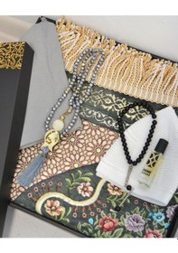 Resim Çeyizlik Hediyelik Seccade Set Astarlı Kadife Seccade, Eşarp, Kristal Tesbih, Erkek Tesbihi, Takke Ve Esanslı Özel Kutulu Lüks Hediye Gri 