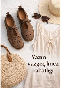 Resim Papucumun Dünyası Yazlık Geometrik Desenli Bağcık Detaylı Acı Kahve Kadın Babet Acı Kahverengi 