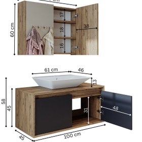 Resim ROOMART Tm7.2 Lavabolu Ahşap-antrasit Mdf 100 Cm Banyo Dolabı + Aynalı Banyo Üst Dolabı 