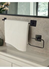 Resim Yapışkanlı Banyo Aksesuar Seti, Siyah, Düz Havluluk, Tuvalet Kağıtlığı Siyah 