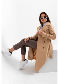 Resim Pastelastore %100 Pamuk Gabardin Uzun 110cm Astarlı Kemerli Kadın Trençkot 1111 Açık Bej 
