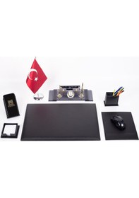Resim Varta Deri Sümen Takımı Türk Bayraklı Ahşap Masa Isimlik 