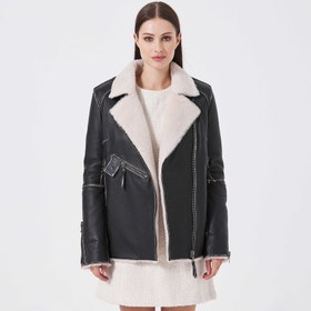 Resim Siyah Deri Kadın Kürk Mont - K23KKM320388-Q3H 