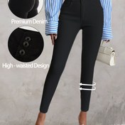 Resim Kadınlar için Yüksek Bel Esnek Skinny Kot Pantolon - Şık Siyah Dantel Üçlü Düğme Kapatma, Dar Kesim & Kalça Kaldırıcı, Orta Bel, Pamuk, Günlükten Soğukkanlıya Tarz, Her Mevsim Kot Pantolon | Şık Dantel | Detaylı Dikiş 